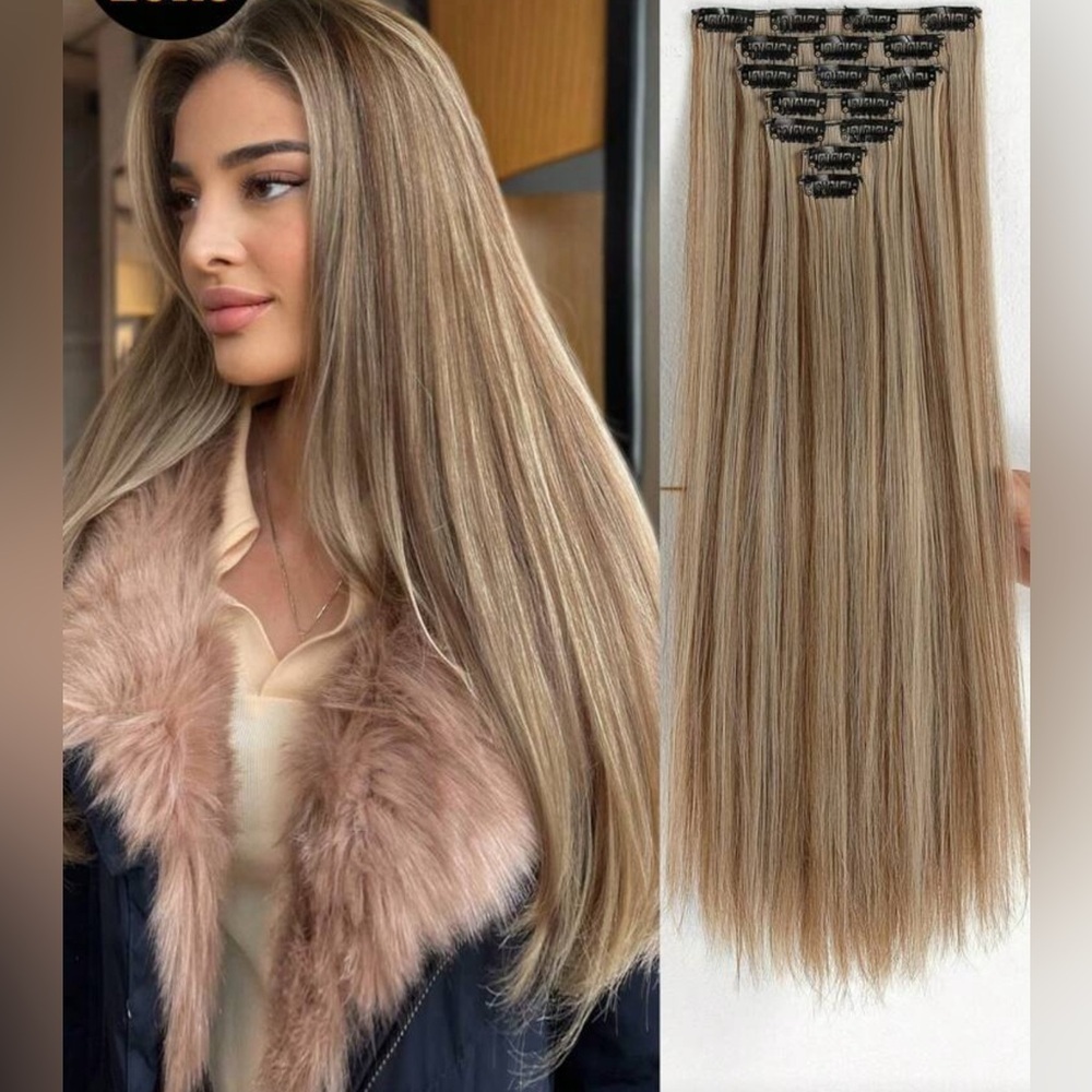 Light Brown With Light Blonde highlights Hair Extensions 24 in - Human blend
